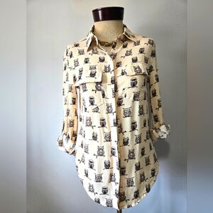 PORRIDGE ANTHROPOLOGIE Cream Owl Print Button-Up Shirt. Size Small